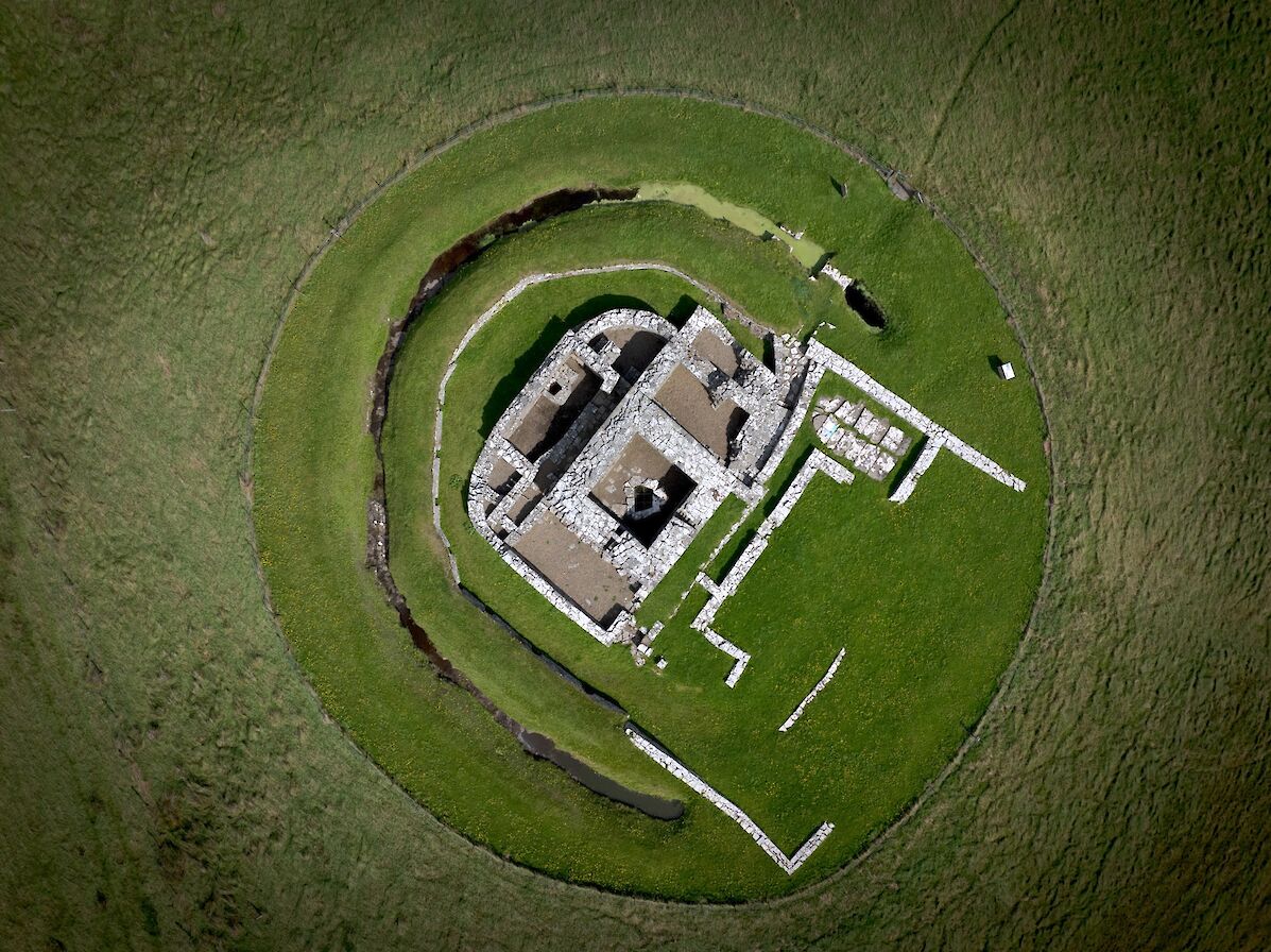 Aerial view over Cubbie Roo's Castle, Wyre, Orkney