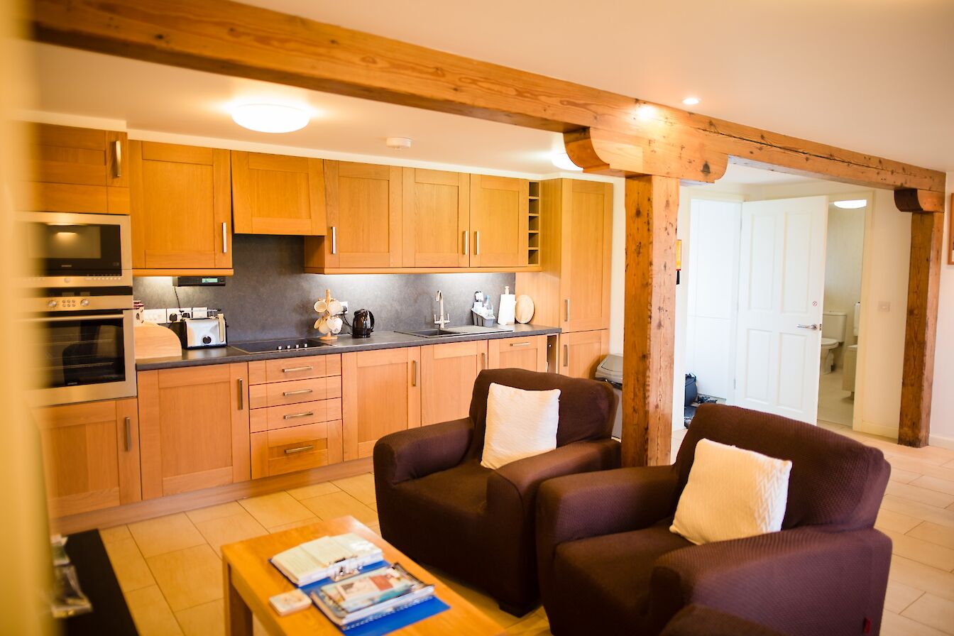 Living area and kitchen in one of the apartments