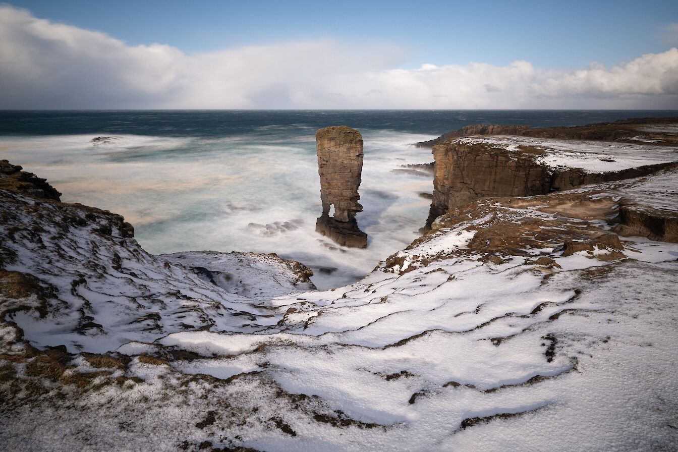 Yesnaby castle in snow, Orkney - image by John Stoddard