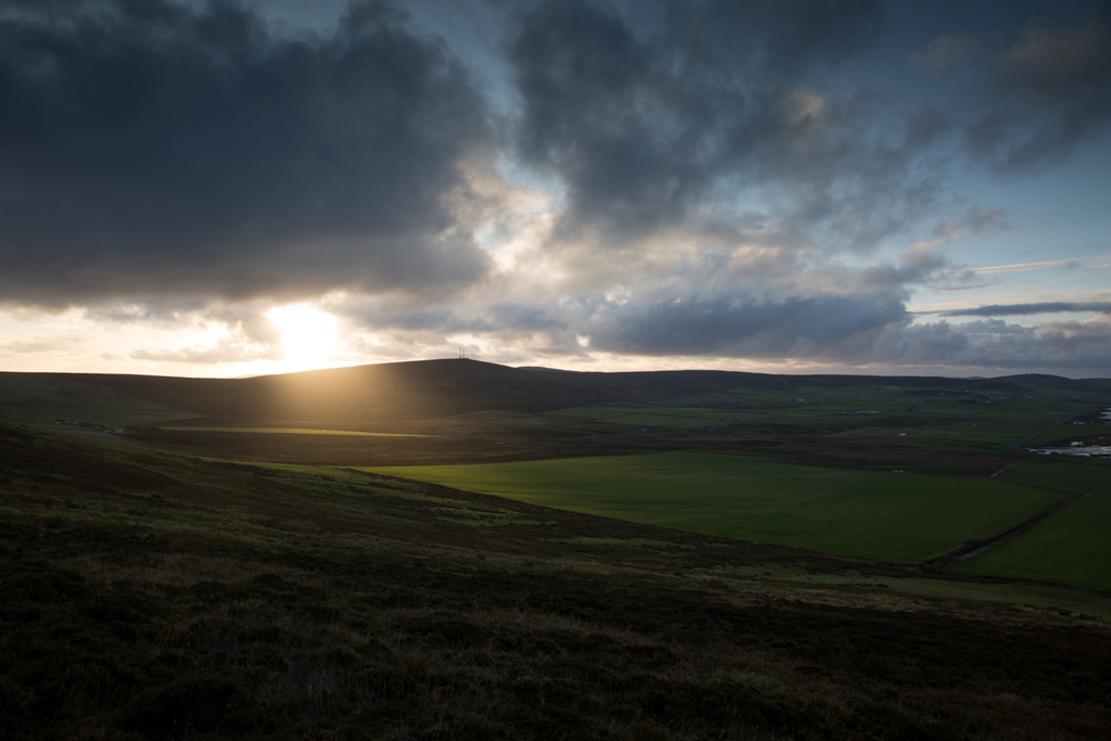 The view from the cairn back Cuween Hill and Finstown