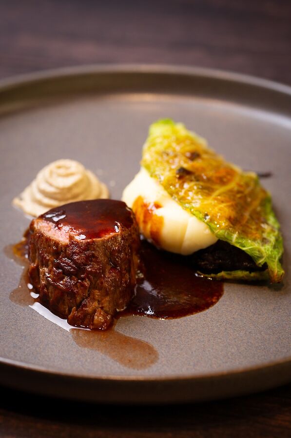 Gary's ox tail taco, pickled red onion, fillet of beef, aubergine and miso purée.