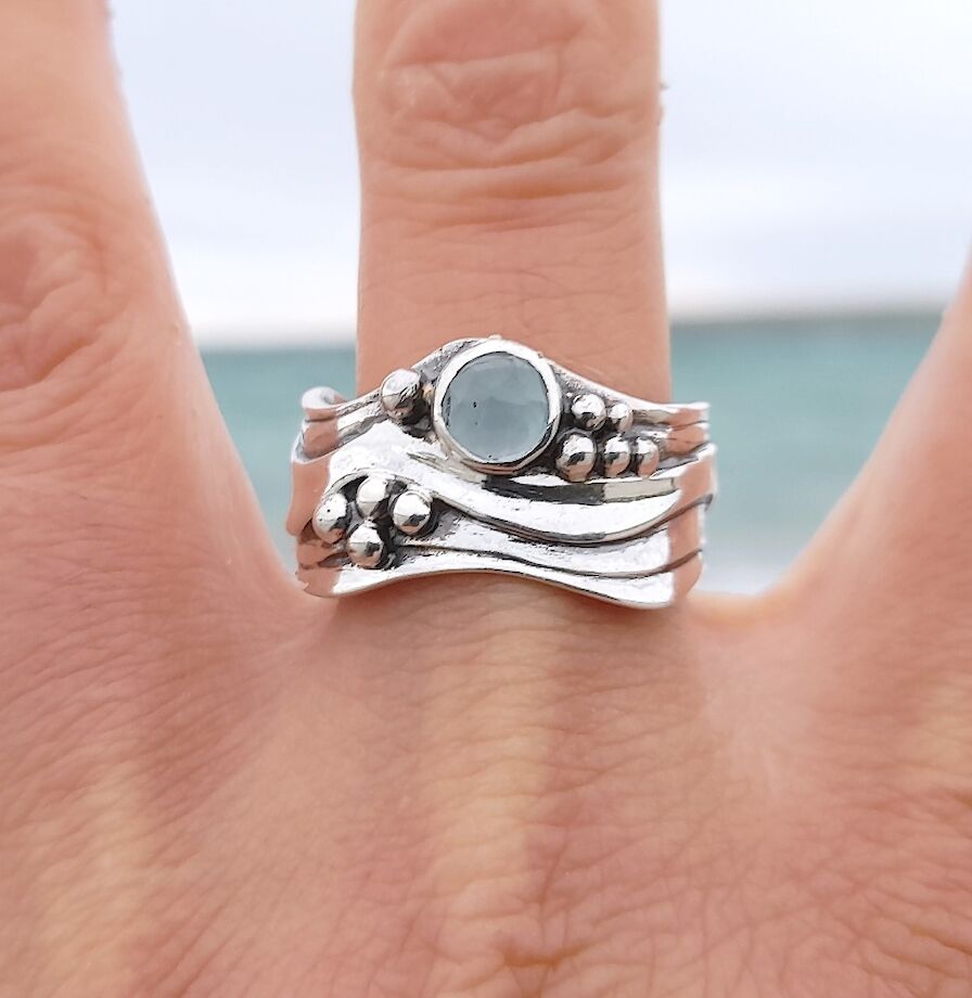 Broad Wave Ring with Aquamarine