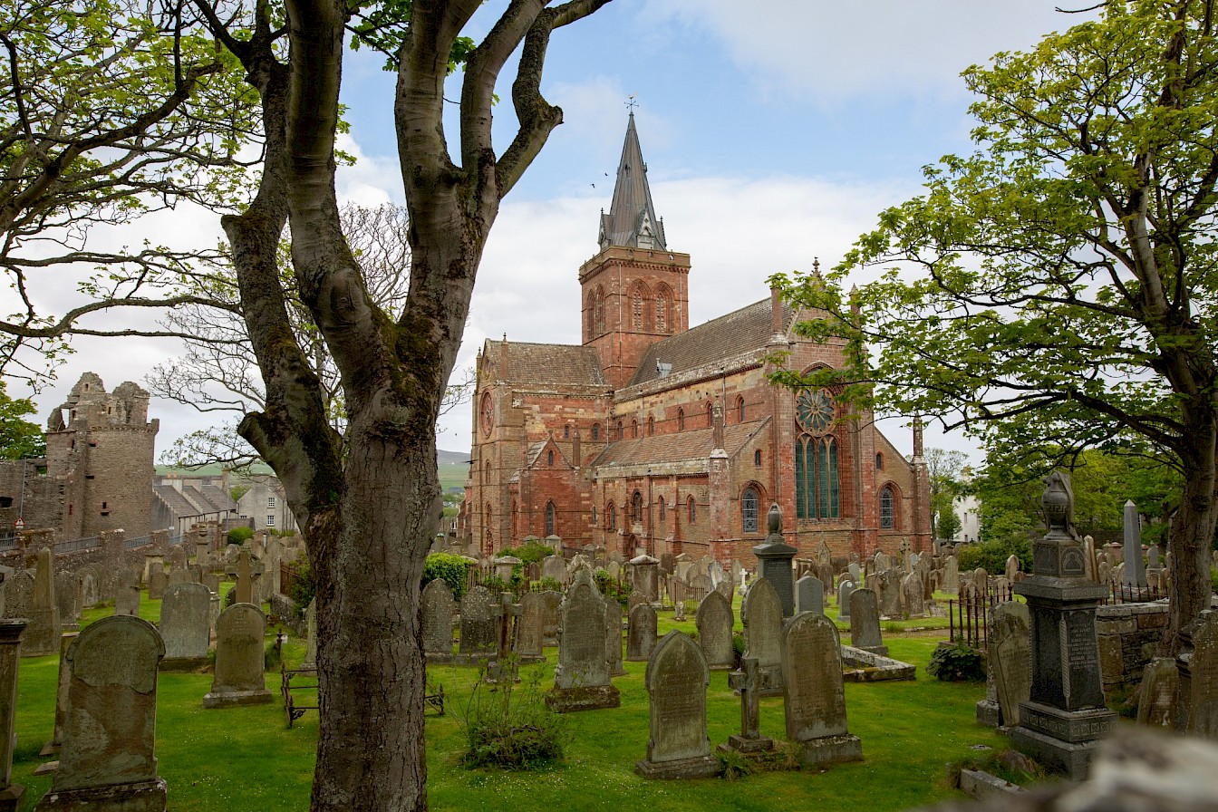 View of St Magnus Cathedral from kirkyard, Orkney