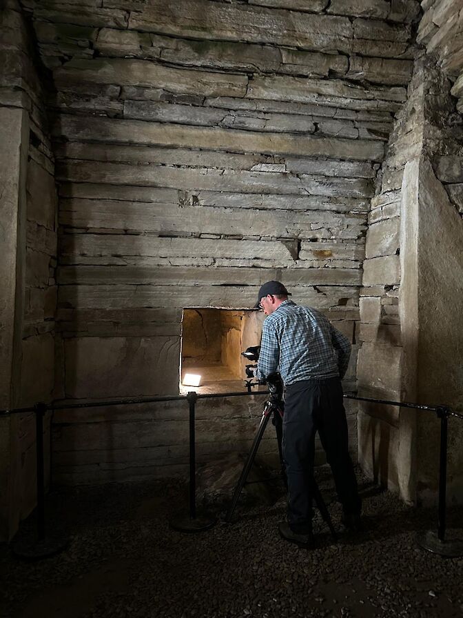 Filming in Maeshowe Chambered Cairn, Orkney