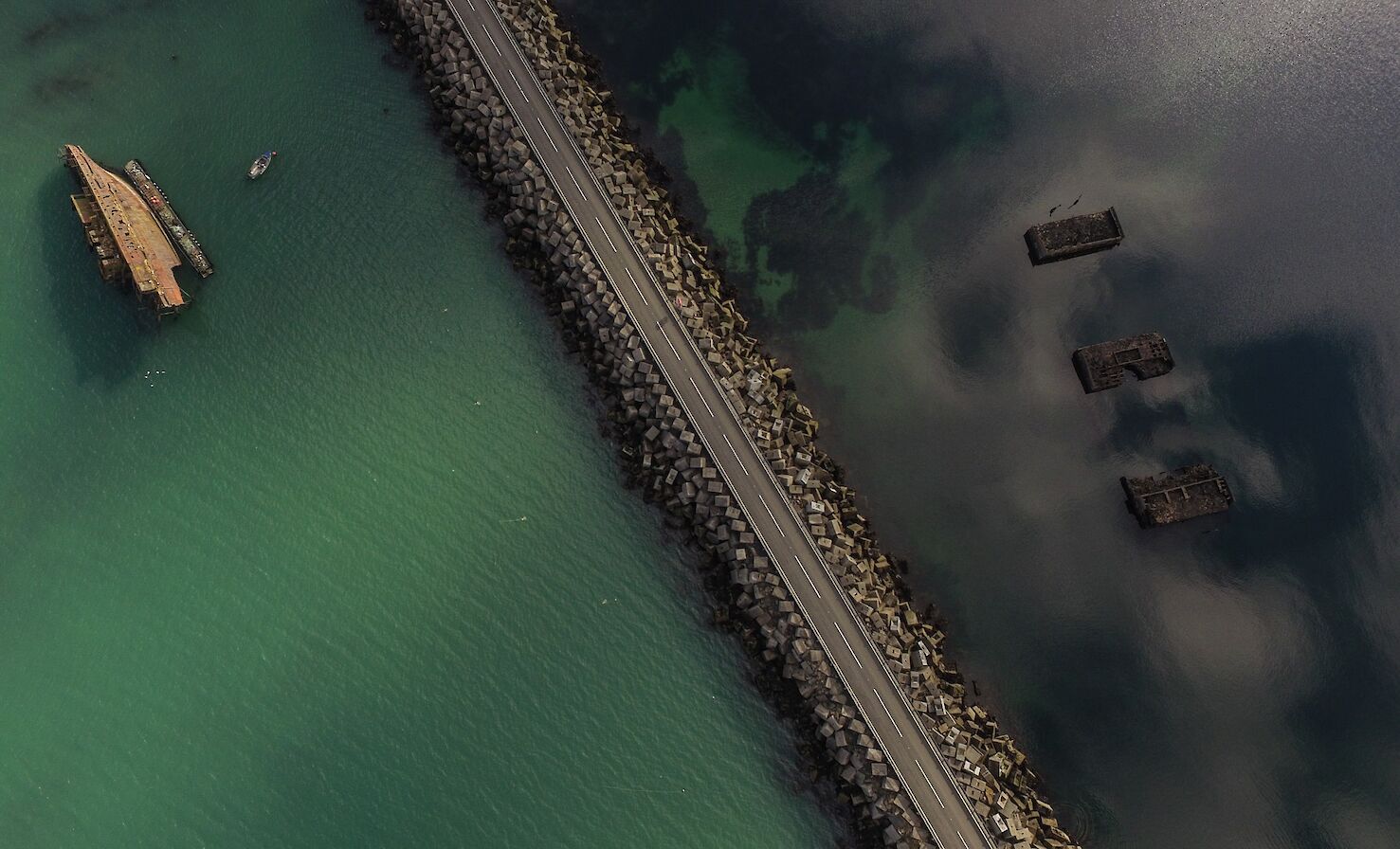 Aerial view over Churchill Barriers, Orkney