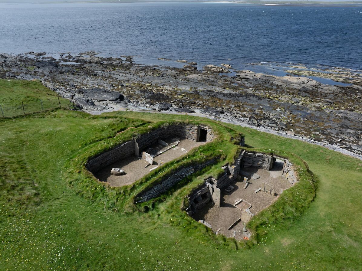 Aerial view over the Knap of Howar, Papa Westray, Orkney