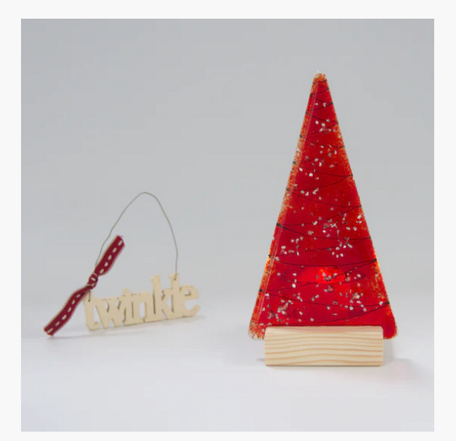 Christmas Tree Tea Light Holder Red Sparkle