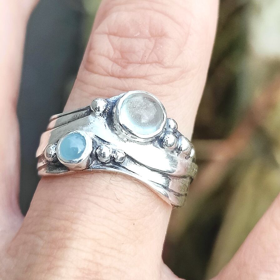 Broad Wave Ring Topaz and Rainbow Moonstone