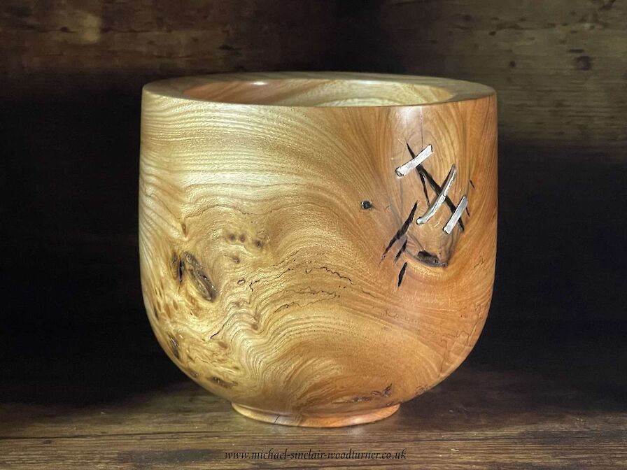 Scottish Elm bowl with silver staples