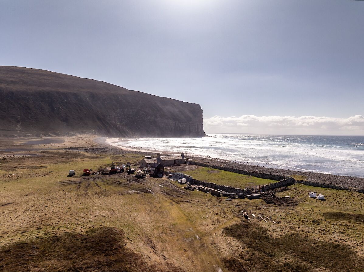 Aerial view over Burnmouth and the camping area, Rackwick