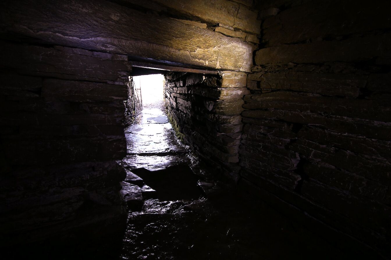 Looking out towards the entrance at Cuween Hill Chambered Cairn, Orkney